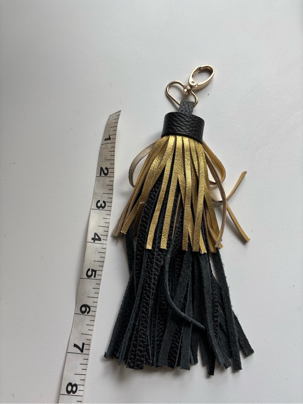 Black & Gold Leather Tassel Keyring with Gold Hardware - Picture 9 of 9